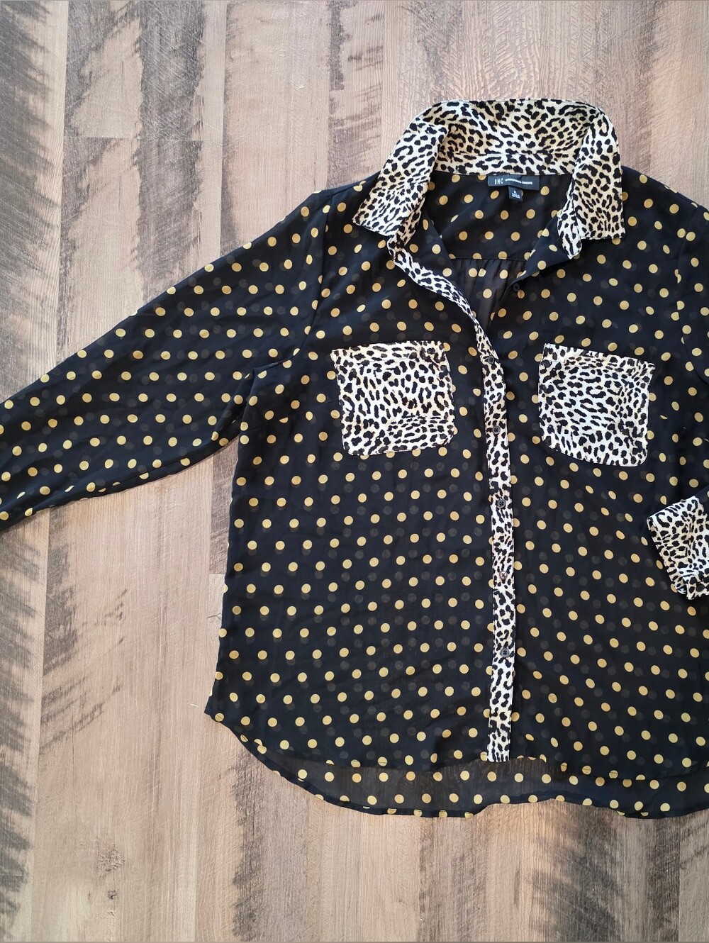INC International Concepts Black Blouse with Gold Dots & Leopard Trim